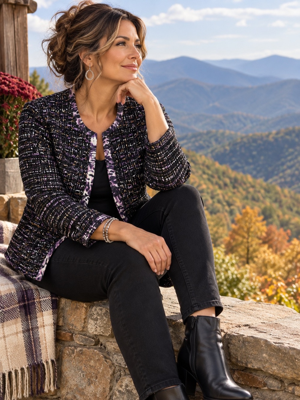 Coldwater Creek Black Bouclé Jacket with Purple Trim Large 14-16 Classic